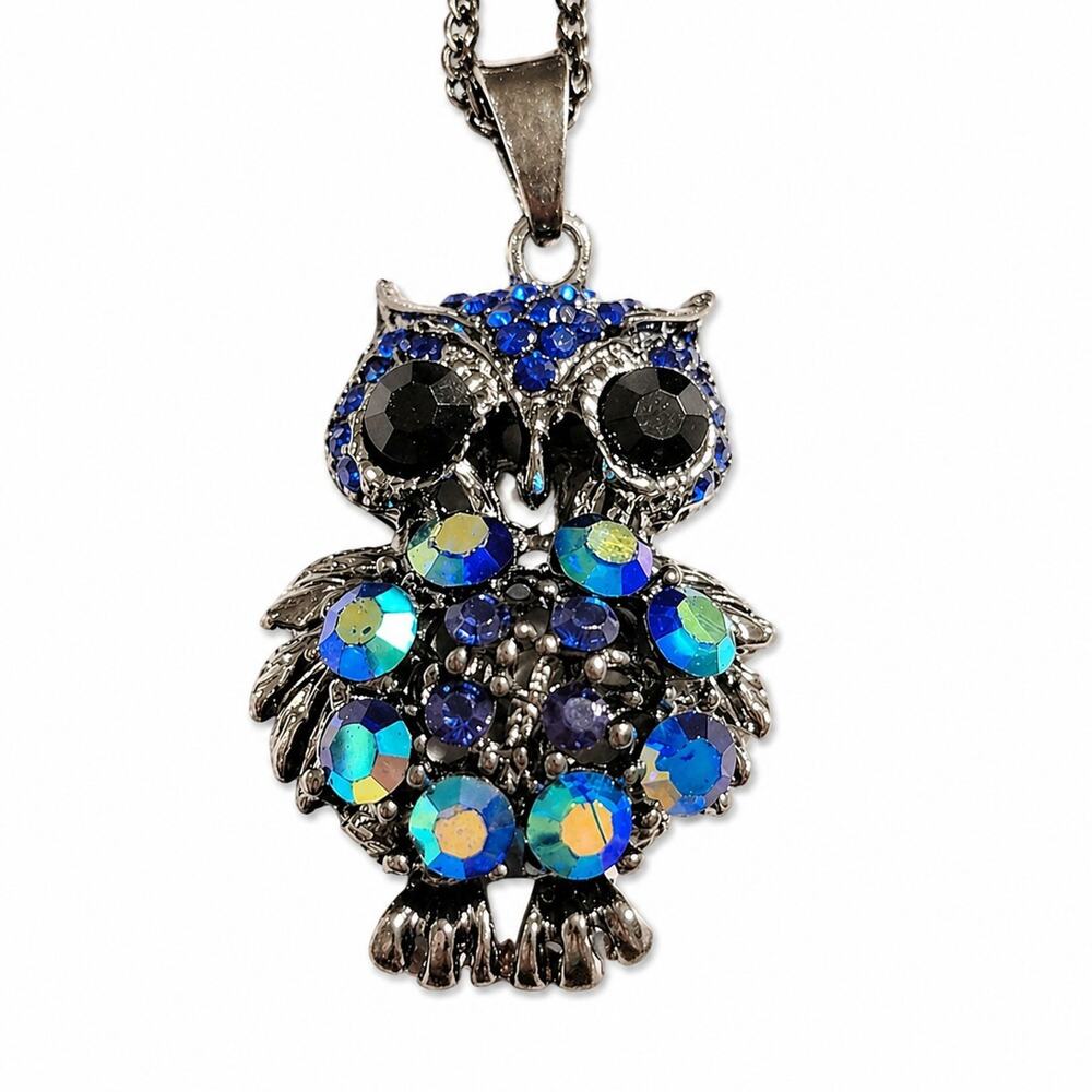 Large Sparkly Blue Rhinestone Owl Pendant Necklace- Aurora Borealis‎ blu1-13